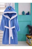 ZemZem Tekstil Çocuk Kapüşonlu Mavi Tavşan Desenli Pamuklu Bornoz - 1