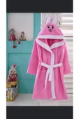 ZemZem Tekstil Çocuk Kapüşonlu Pembe Tavşan Desenli Pamuklu Bornoz - 2