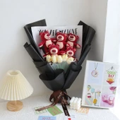Çilek Ayıcık Peluş Buket - 5 Çilek Ayı + 5 Yapay Lale - 45x28cm - 7