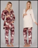 Bone Club 5301 Bej Kadife Lohusa 3 Lü Pijama Sabahlık Tk. thumbnail 1