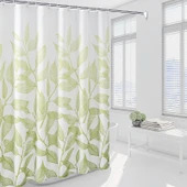 Yeşil Dal Desenli Duş Perdesi Seti - 240x200 cm Perde ve 140-260 cm Düz Çubuk - 3