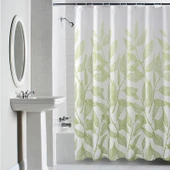 Yeşil Dal Desenli Duş Perdesi Seti - 200x180 cm Perde ve 140-260 cm Düz Çubuk - 2