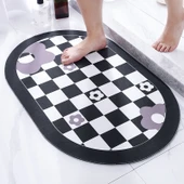 Diyatomit Banyo Paspası - 60x90 cm - Oval - Siyah Beyaz Kafes Desenli - 1