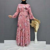 2294 Pembe Çiçek Desenli Büyük Beden Tesettür Elbise - 1