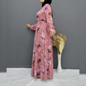 2294 Pembe Çiçek Desenli Büyük Beden Tesettür Elbise - 4