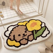 Çizgi Film Banyo Paspası 50x80cm Çiçekli Yavru Köpek Kaymaz Halı - 1