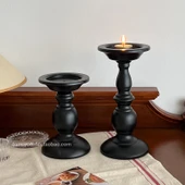 Retro Amerikan Roma Sütunu Ferforje Şamdan - Kısa Şamdan ve Sütlü Çay Rengi Mum (1 Çift) - 5