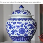 Antika Mavi Beyaz Porselen Çay Saklama Kavanozu - Büyük Dal Desenli (33cm) - 1