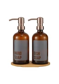 Lozione 2’li Mutfak Sıvı Sabunluk Seti - Bambu Stantlı Sıvı Sabunluk Takımı - 2x500 ML, Amber thumbnail 5