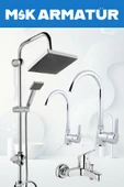 Krom Siyah Tepe Yağmurlama, Krom Delta Banyo-Mutfak-Lavabo Bataryası Musluğu Çeşmesi 4'Lü Set - 1