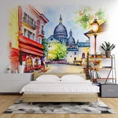 Sulu Boya Sokak Camii Çizim Manzaralı Duvar Kağıdı Baskı thumbnail 2