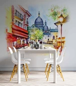 Sulu Boya Sokak Camii Çizim Manzaralı Duvar Kağıdı Baskı thumbnail 4