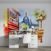 Sulu Boya Sokak Camii Çizim Manzaralı Duvar Kağıdı Baskı thumbnail 3