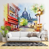 Sulu Boya Sokak Camii Çizim Manzaralı Duvar Kağıdı Baskı thumbnail 1