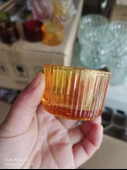 Çizgili Cam Aromaterapi Mumluk - Tealight Mum Kabı - 5435 Sarı - 1