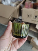 Çizgili Cam Aromaterapi Mumluk - Tealight Mum Kabı - 5538 Yeşil - 1