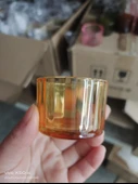 Çizgili Cam Aromaterapi Mumluk - Tealight Mum Kabı - 5538 Sarı - 1