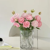 Yapay Gül Buketi - Süt Tozu 3 Pembe 3 + Fitilli Cam Vazo - 1