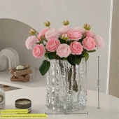 Yapay Gül Buketi - Süt Tozu 3 Pembe 3 + Dalgalı Cam Vazo - 1