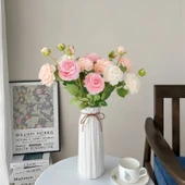 Yapay Gül Buketi - Pembe 2 Şampanya 2 Süt Tozu 2 + Fitilli Cam Vazo - 5