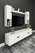 Happylife Furniture Design  %100 Mdf Tv Ünitesi 180 Cm - Kapaklı Raflı Beyaz Televizyon Ünitesi - 2