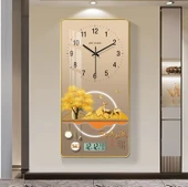 Dikdörtgen Ahşap Duvar Saati 30 cm - Altın Geyik Nafu Desenli (Altın Çerçeve) Takvimli - 8