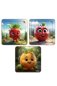 kutuTR Çocuklar İçin  Sevimli Meyveler Ahşap Renkli Yapboz 13x13 Ebadında Puzzle 9 Parça 3'lü Set 312 - 2