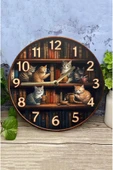 kutuTR Sessiz Yuvarlak Ahşap Duvar Saati, Kuvars Hareketli 2d Kedi Desen Sdw018 - 3