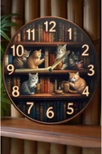 kutuTR Sessiz Yuvarlak Ahşap Duvar Saati, Kuvars Hareketli 2d Kedi Desen Sdw018 - 1