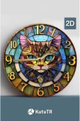 kutuTR Sessiz Yuvarlak Ahşap Duvar Saati, Kuvars Hareketli 2d Kedi Desen Sdw021 - 2