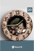 kutuTR Sessiz Yuvarlak Ahşap Duvar Saati, Kuvars Hareketli 2d Kedi Desen Sdw007 - 2