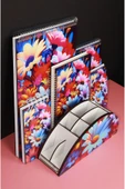 kutuTR Çiçek Desen Organizer ve Ahşap Mdf Kapaklı 5'li Defter Seti  (3 Bloknot 2 Modelist Defter) - 2