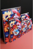 kutuTR Çiçek Desen Ahşap Mdf Kapaklı 5'li Defter Seti 06 (3 Bloknot 2 Modelist Defter) Çizgili - 1