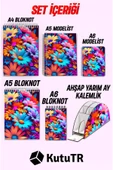 kutuTR Çiçek Desen Organizer ve Ahşap Mdf Kapaklı 5'li Defter Seti  (3 Bloknot 2 Modelist Defter) - 5