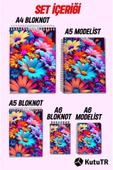 kutuTR Çiçek Desen Ahşap Mdf Kapaklı 5'li Defter Seti 06 (3 Bloknot 2 Modelist Defter) Çizgili - 5
