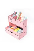 Notpa Çekmeceli Geyik Desenli Pembe Masaüstü Kalemlik Organizer Montajı Yapılmış Ürün - 1