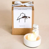 Seramik Yavru Kedi Aromaterapi Mum Seti - Pişirme El Kedi Şamdan + Dijital Mum - 1