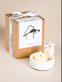 Seramik Yavru Kedi Aromaterapi Mum Seti - Pişirme El Kedi Şamdan + Dijital Mum - 9