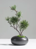 Seramik Vazoda Yapay Çam Bonsai - Siyah Çiçekli - 3