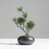 Seramik Vazoda Yapay Çam Bonsai - Siyah Çiçekli - 1