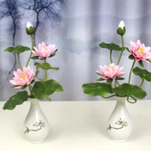 Yapay Lotus Çiçeği Aranjmanı - İki Lotus Plastik Saksıda 2 Turuncu Demet - 5