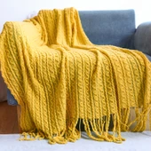 Nordik Örme Koltuk Örtüsü Battaniye - Gök Mavisi (Zencefil Sarısı) - 200cm x 230cm - 1