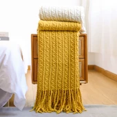 Nordik Örme Koltuk Örtüsü Battaniye - Gök Mavisi (Zencefil Sarısı) - 200cm x 230cm - 5