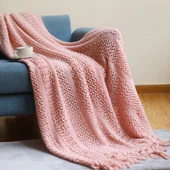 Bohem Pembe Dokuma Saçaklı Battaniye - 130x230cm - 1
