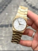 Beyaz Yuvarlak Kadran Detay Şık ve Modern Tasarım Gold Renk Çelik Kasa ve Kordonlu Kol Saati - 1