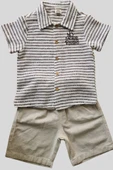 2'li Erkek Çocuk Kahve Çizgili Desenli Gömlek Bej Sortlu Keten Takım - 2