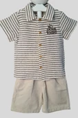 2'li Erkek Çocuk Kahve Çizgili Desenli Gömlek Bej Sortlu Keten Takım - 1