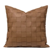 İskandinav Modern Yastık Kılıfı - Tam Kahverengi Damalı Deri Kare 45x45cm - Kılıf + İç Dolgu - 1