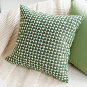 Yeşil Kadife Çiçekli Kare Yastık Kılıfı - Retro Yeşil Noktalı 45x45cm - Kılıf + İç Dolgu - 1