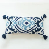 Bohem Nakışlı Yastık Kılıfı - İşlemeli Egzotik Mavi Kapitone Bench 30x60 - Kılıf, Dolgusuz - 1